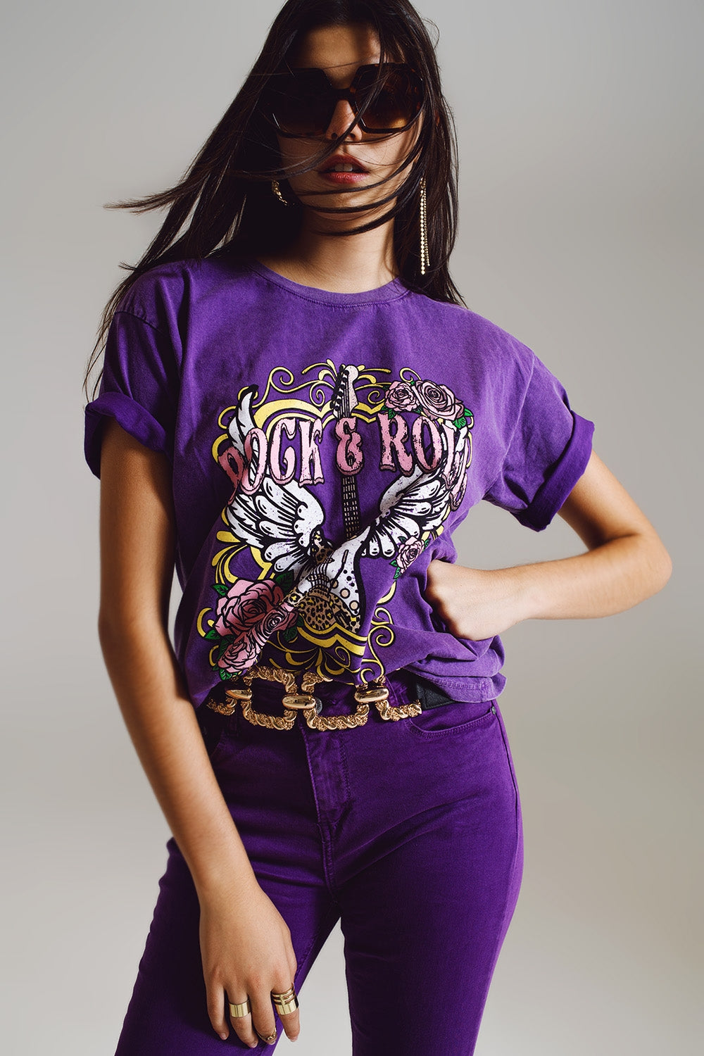 Q2 Vintage Rock and Roll T-shirt con stampa in viola